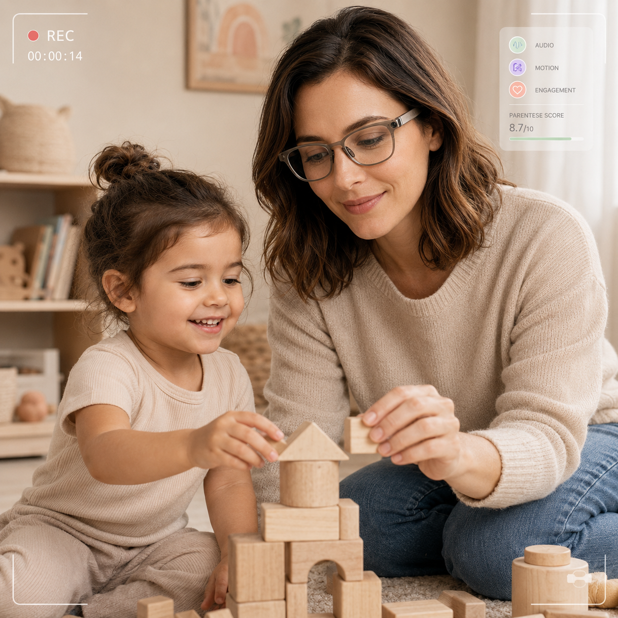 Parent wearing Nurbl glasses while playing with child