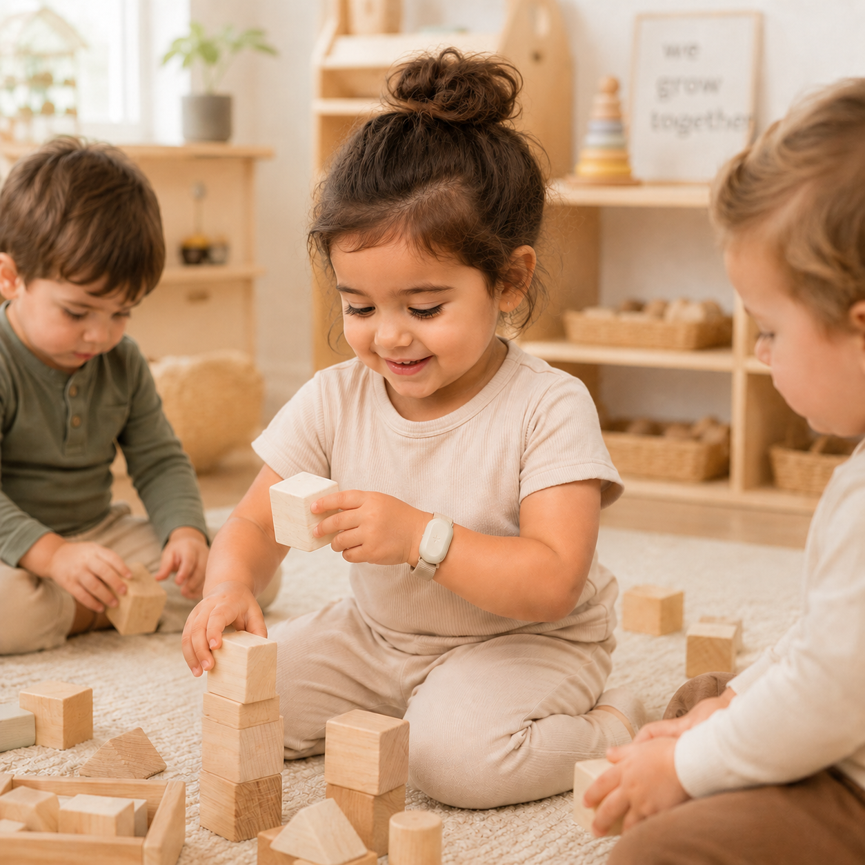 Child wearing Nurbl wristband while playing with blocks